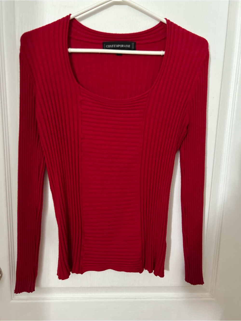 ContempoRaine Ribbed Long-Sleeve Scoop Neck Top - Red